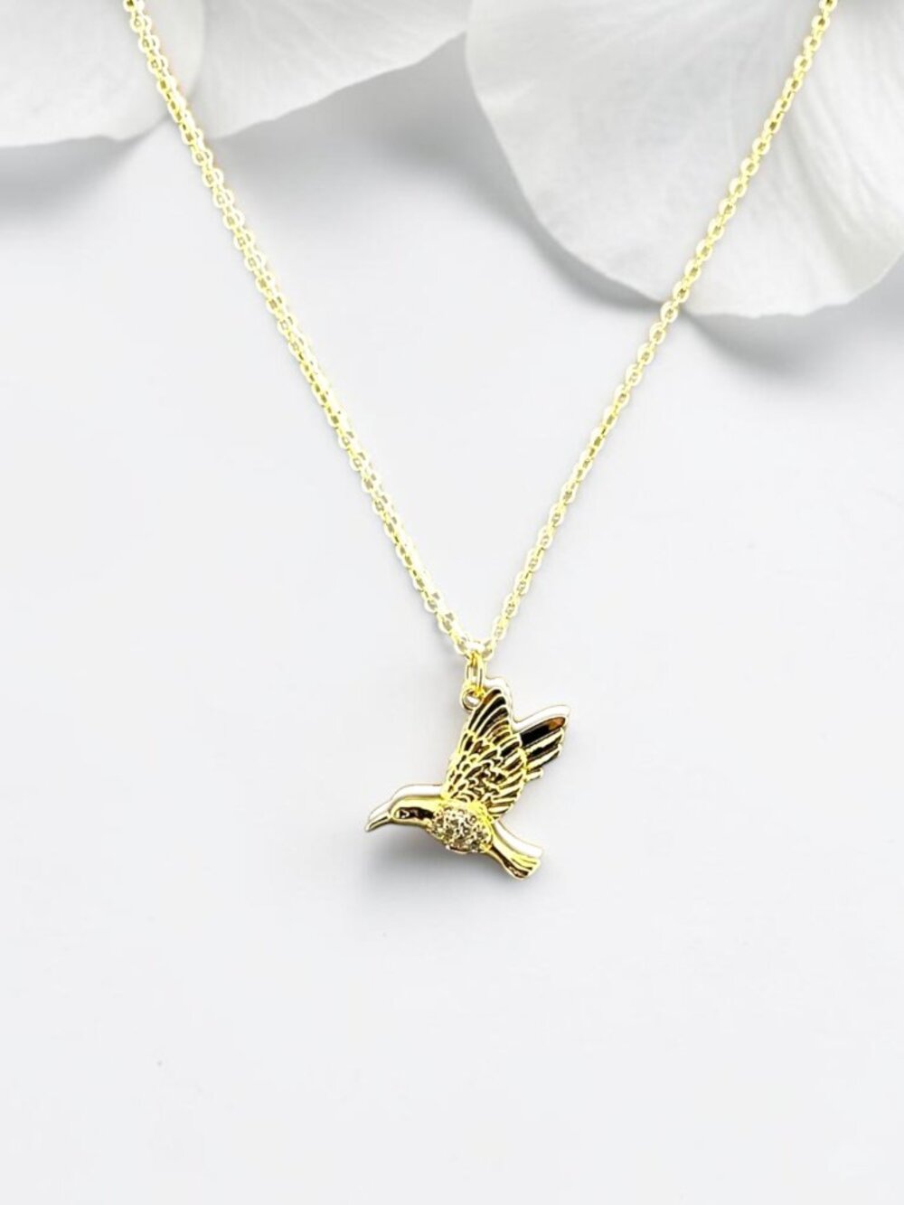 Hummingbird Necklace 18K Gold Filled Bird Pendant Oval Chain 16–18"